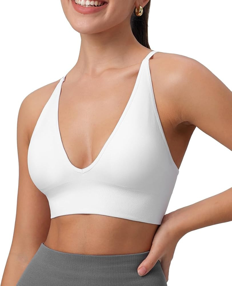 Womens Deep V-Neck Longline Sports Bra, Strappy Criss Cross Padded Cups Adjustable Spaghetti Stra... | Amazon (US)