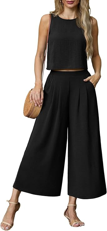 Lepunuo Womens Summer 2 Piece Outfits Sleeveless Crop Top Flowy Wide Leg Pants Matching Sets Vaca... | Amazon (US)
