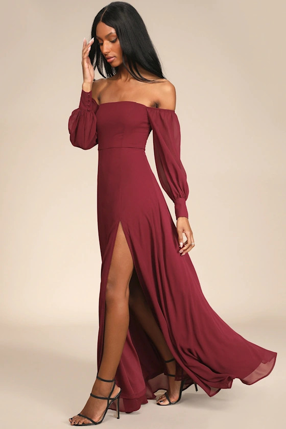 Feel the Romance Burgundy Off-the-Shoulder Maxi Dress | Lulus