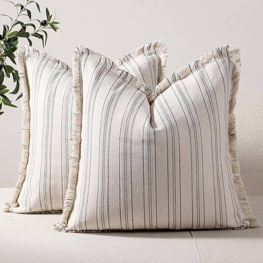 Striped Farmhouse Pillow Covers 20x20 Set of 2 Grey and Beige Throw Pillow Covers with Fringe Chi... | Amazon (US)