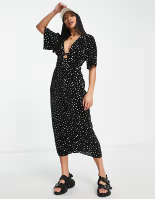 ASOS DESIGN Petite plisse short sleeve channel waist detail midi dress in mono spot | ASOS (Global)