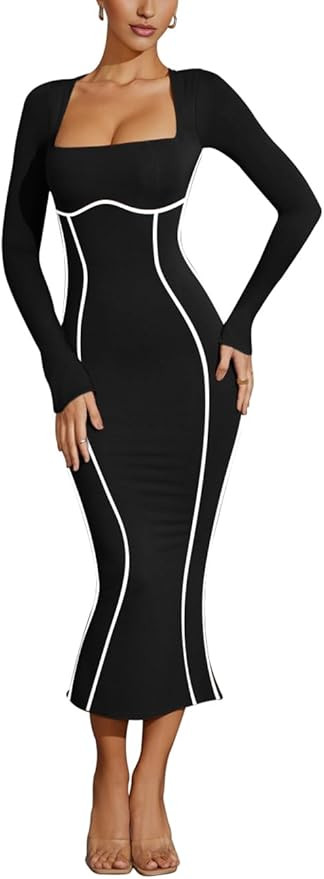 MAYFASEY Women's Square Neck Long Sleeve Dress Contrast Binding Cocktail Party Club Long Dress Ba... | Amazon (US)