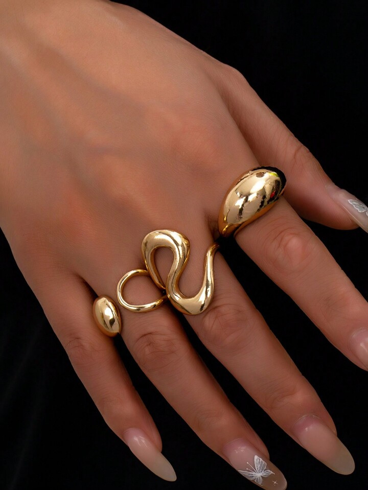 3 Pcs Minimalist Golden Color Metal Chunky Rings Set , Stacked Ring | SHEIN