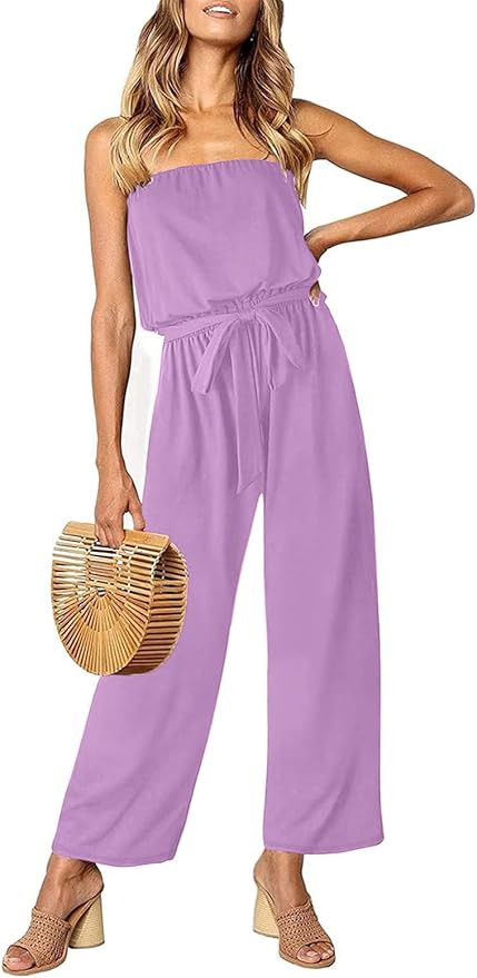ZESICA Women's Casual Off Shoulder Solid Color Strapless Belted Wide Leg Jumpsuit Romper | Amazon (US)