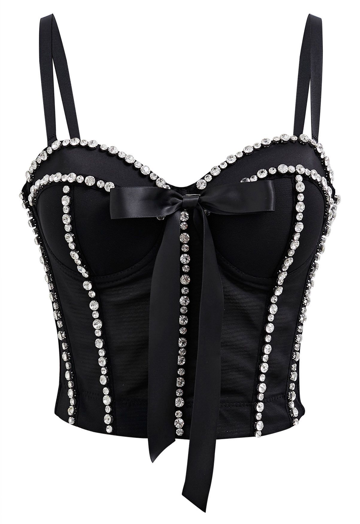 Bowknot Rhinestone Embellished Bustier Crop Top in Black | Chicwish