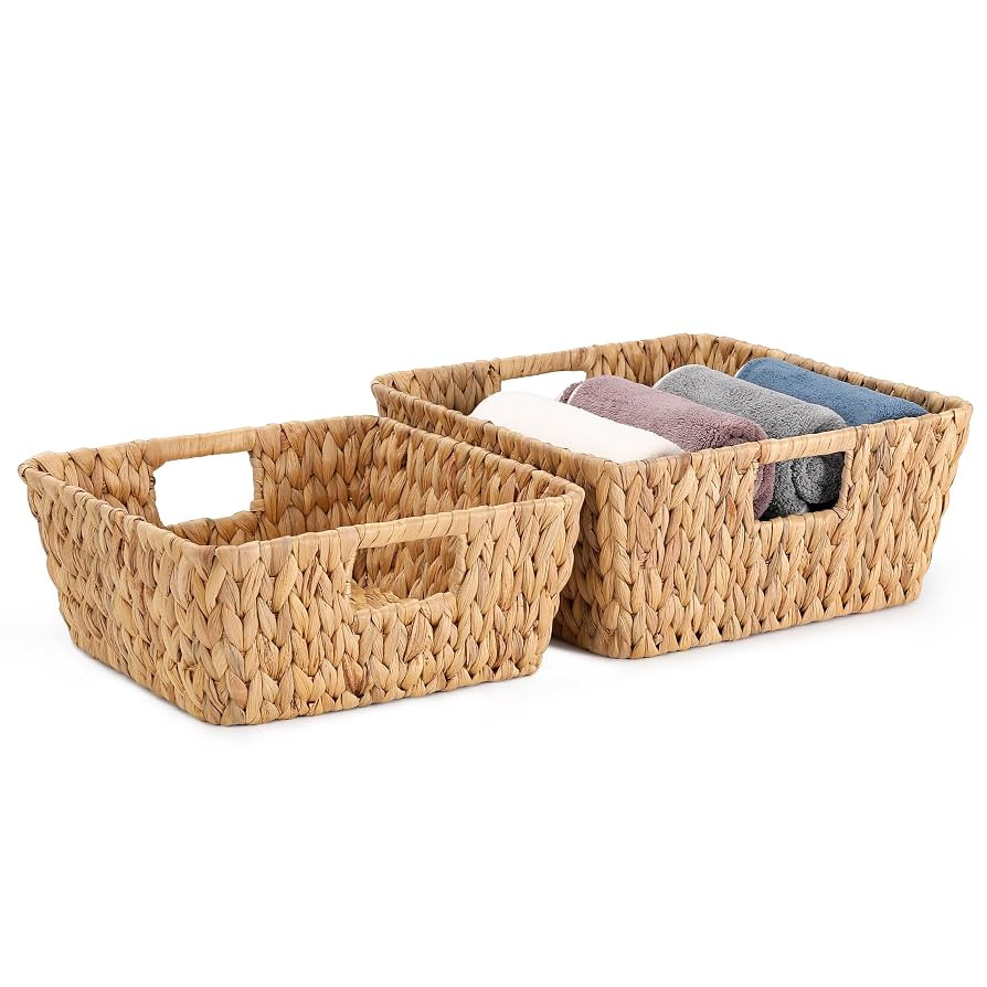 Square Water Hyacinth Storage Baskets Set of 2, Woven Basket for Gifts Empty, Handwoven Wicker Ba... | Amazon (US)