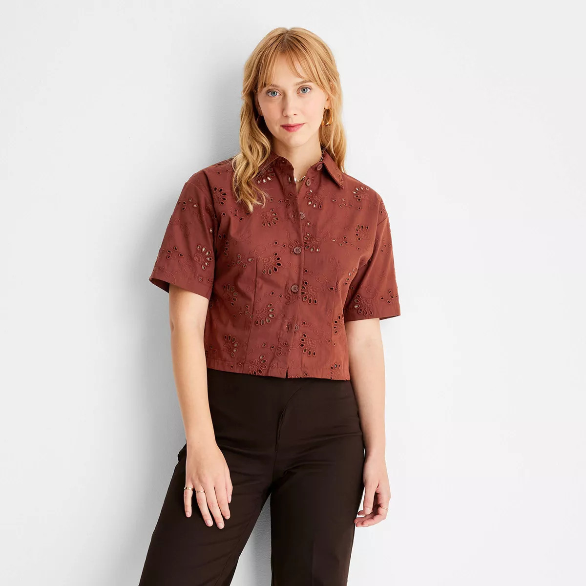 Women's Floral Print Short Sleeve Eyelet Button-Down Shirt - Future Collective™ with Reese Blut... | Target