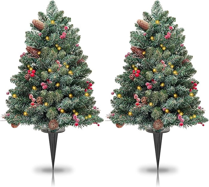 2FT Pre-Lit Christmas Tree, 2Pcs Artificial Flocked Christmas Tree 50 LED Lights Decorated with P... | Amazon (US)