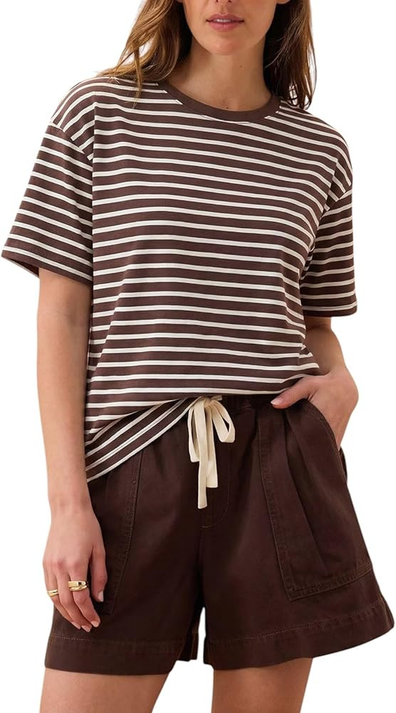 Allimy Women's Vintage Boxy Cropped Tee Short Sleeve Striped T Shirt Loose Fit Tops Casual Summer... | Amazon (US)