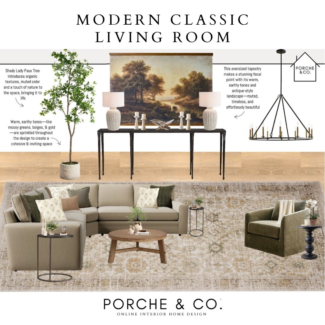 Earthy tones, timeless textures, and a stunning focal tapestry — this Modern Classic Living Room is designed to feel warm, grounded, and effortlessly inviting 🤎 Living Room Online Interior Design by Porche & Co., where style meets comfort.

Do you want to bring our dreamy Modern Classic style interior design into your own home? 🏡 You’re in luck!
Reserve our Online Interior Design packages today -> https://porcheandco.com/edesign ✨
We can’t wait to work with you & design your home with #porcheandco

#porcheandco #visionboard #moodboard #interiordesign #virtualdesign #modernclassic #livingroominspo #onlineinteriordesign #neutraldecor #cozyhome


#LTKHome #LTKStyleTip #LTKOver40
