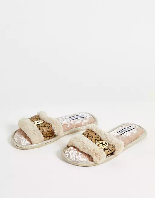 River Island monogram faux fur slipper in cream | ASOS (Global)