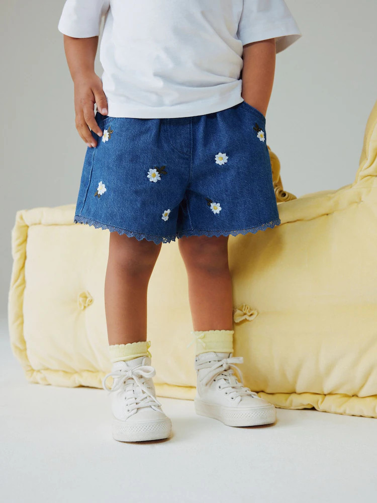 Mid Blue Daisy Embroidered Denim Shorts (3mths-7yrs) | Next US