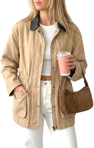 Women's Barn Jacket Contrast Collar Utility Coat | Zip Up, Canvas Chore Outerwear, Large Pockets,... | Amazon (US)