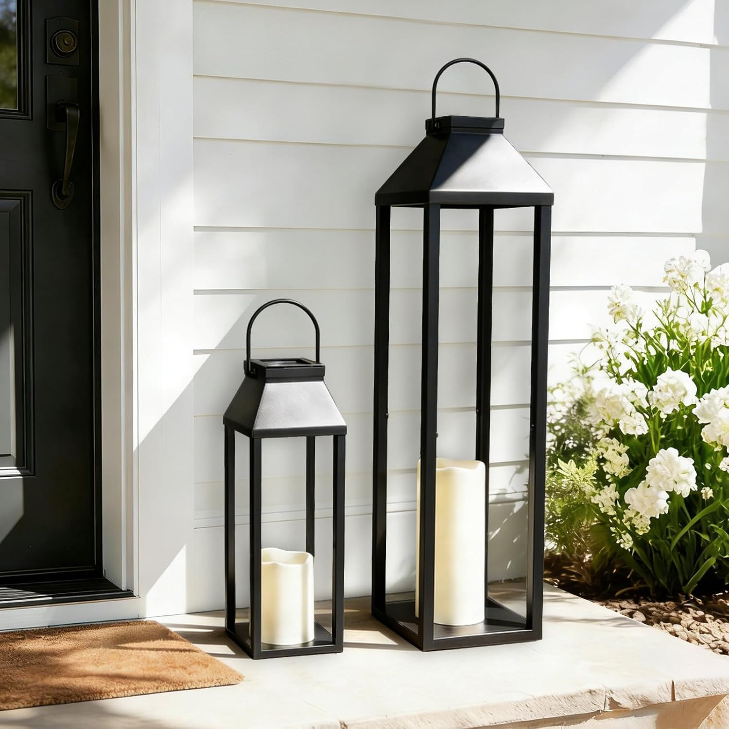 Large Outdoor Solar Lanterns Waterproof, Tall Farmhouse Black Metal Decorative Lanterns Solar Lights Outdoor for Front Porch Decor Outdoor Patio, Garden, Balcony, Porch, 27.6",16.3"-Set of 2 | Amazon (US)