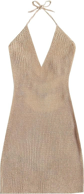 MakeMeChic Women's Sleeveless Halter Tie Back Knitted Swim Beach Cover Up Dress | Amazon (US)