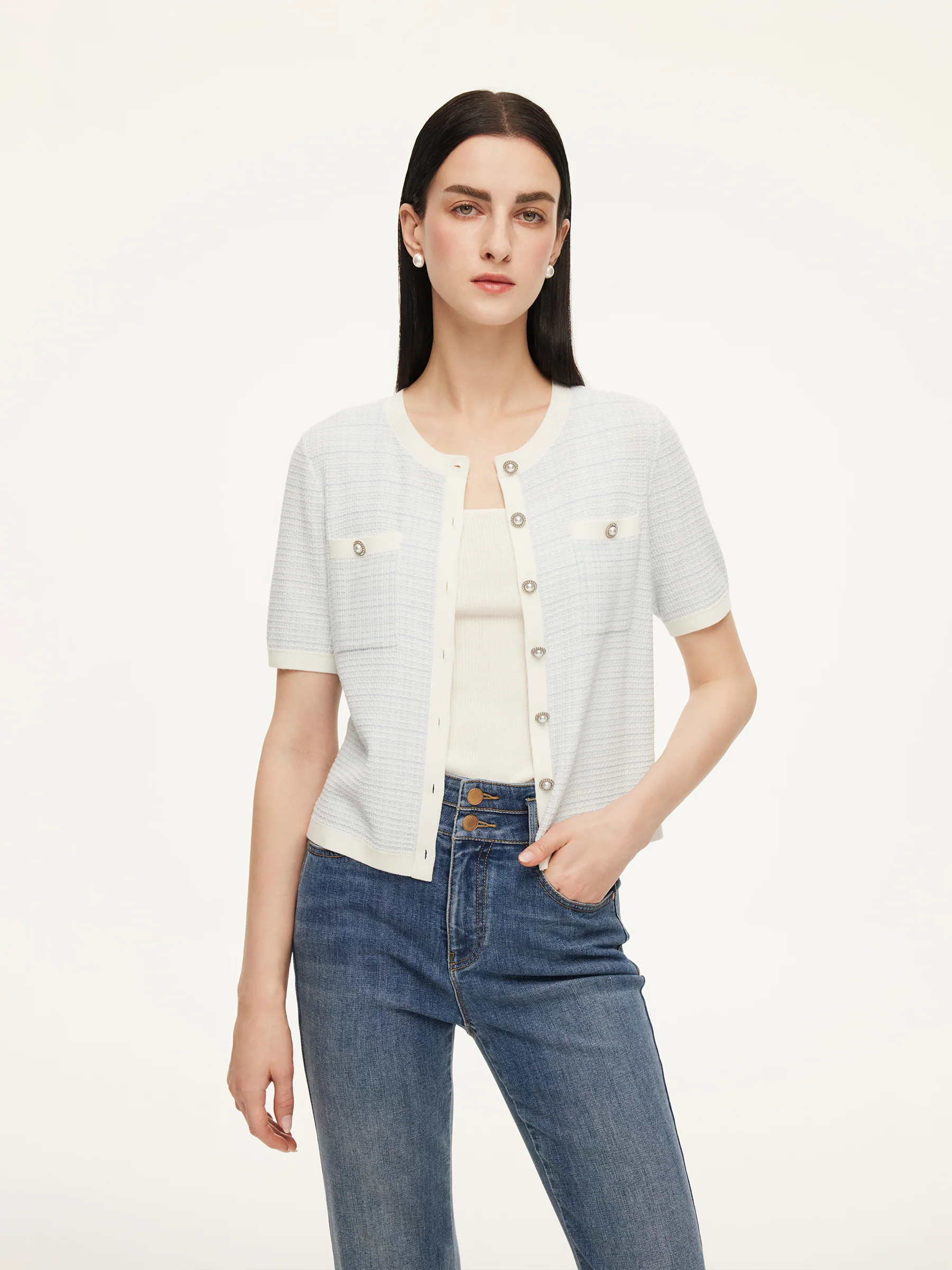 Tencel Blend Contrast Trim Women Textured Cardigan | GOELIA