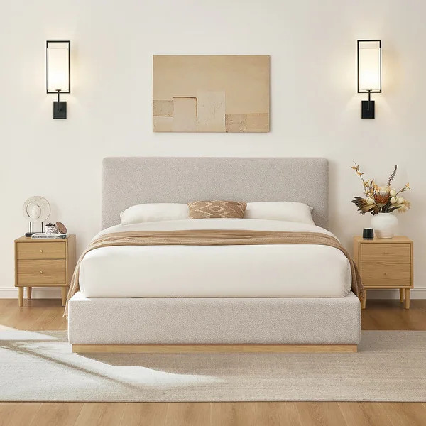 Modern Boucle Upholstered Platform Bed with Solid Wood Frame - Oatmeal - Queen | Bed Bath & Beyond