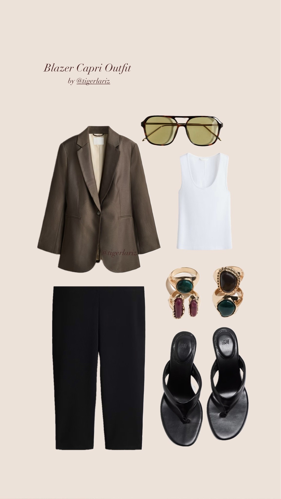 late summer outfit combining a tailored brown blazer, black capri pants, a classic white tank top, and sleek black sandals. Finished with statement jewelry and oversized sunglasses, this minimalist look is perfect for city days

#LTKautumn #LTKFashionMonth