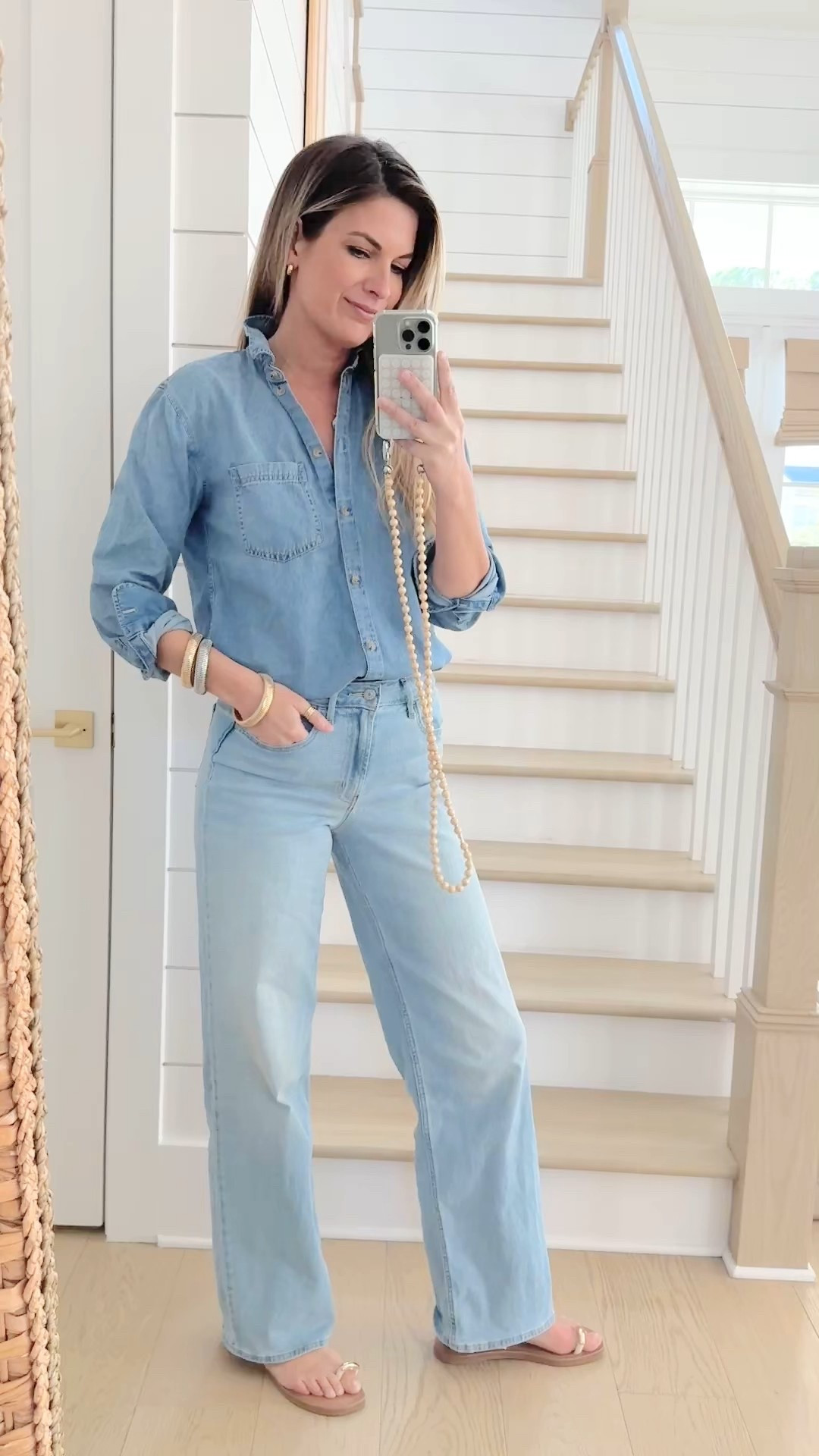 Tonal dressing! One of my favorite spring fashion trends. I am 5’11” wearing 2 tall in the shirt and 4 tall in the light wash jeans. Sandals true to size.  

#LTKShoeCrush #LTKWatchNow #LTKSaleAlert