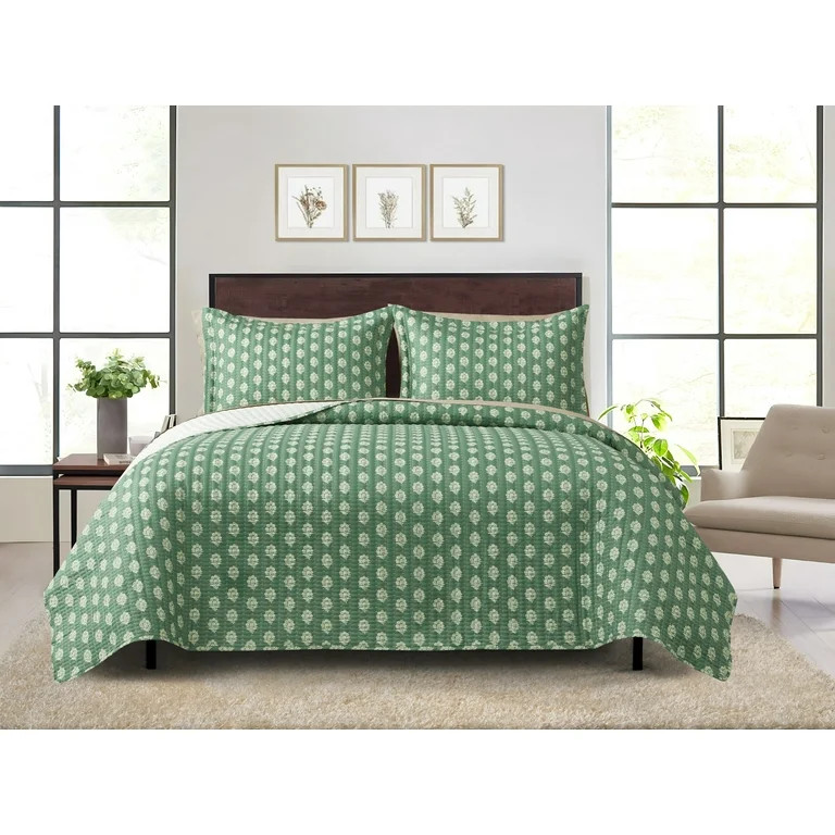 Mainstays All in One Reversible Quilt Set and Sheet Set- 7 Piece, Queen, Green Floral | Walmart (US)