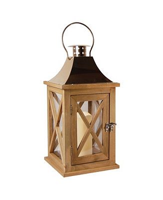 Lumabase Natural Wooden Lantern with Copper Roof and LED Candle | Macys (US)