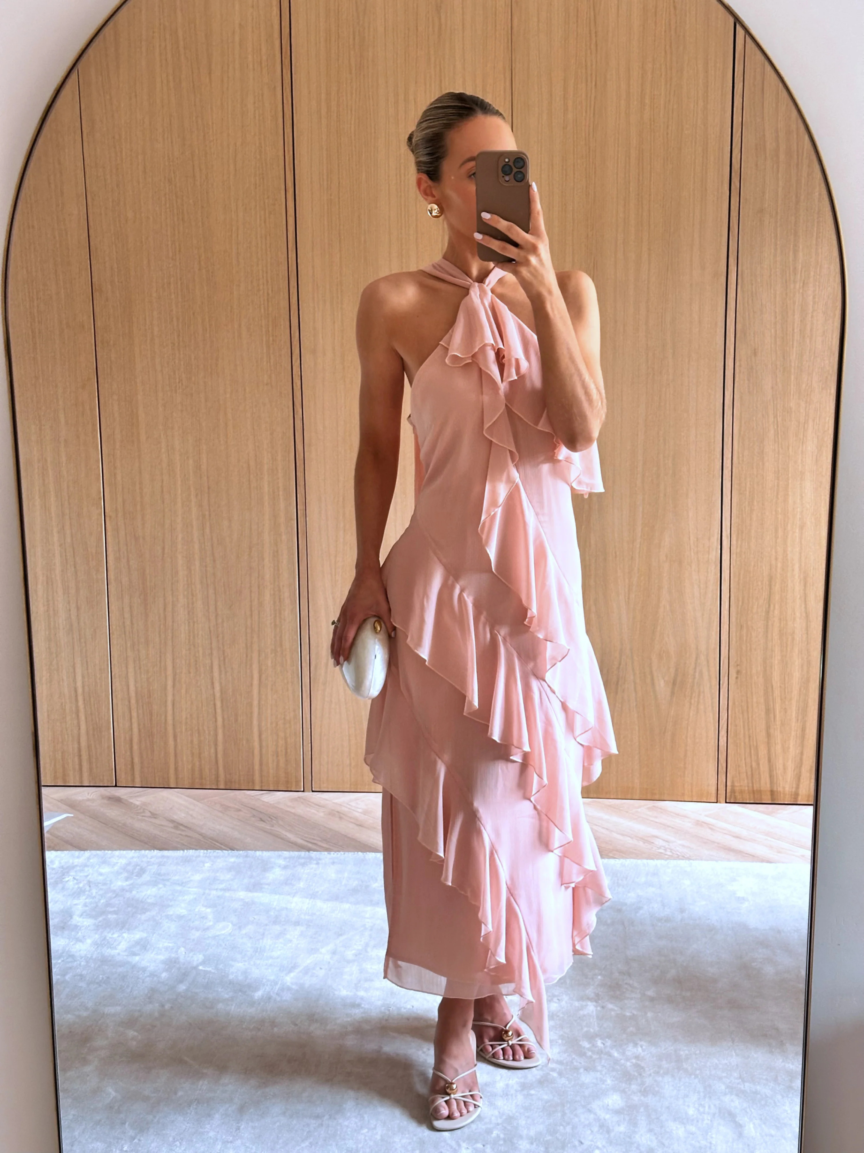 Aria Halterneck Ruffle Midaxi Dress - Dusty Rose | Pretty Lavish (UK)