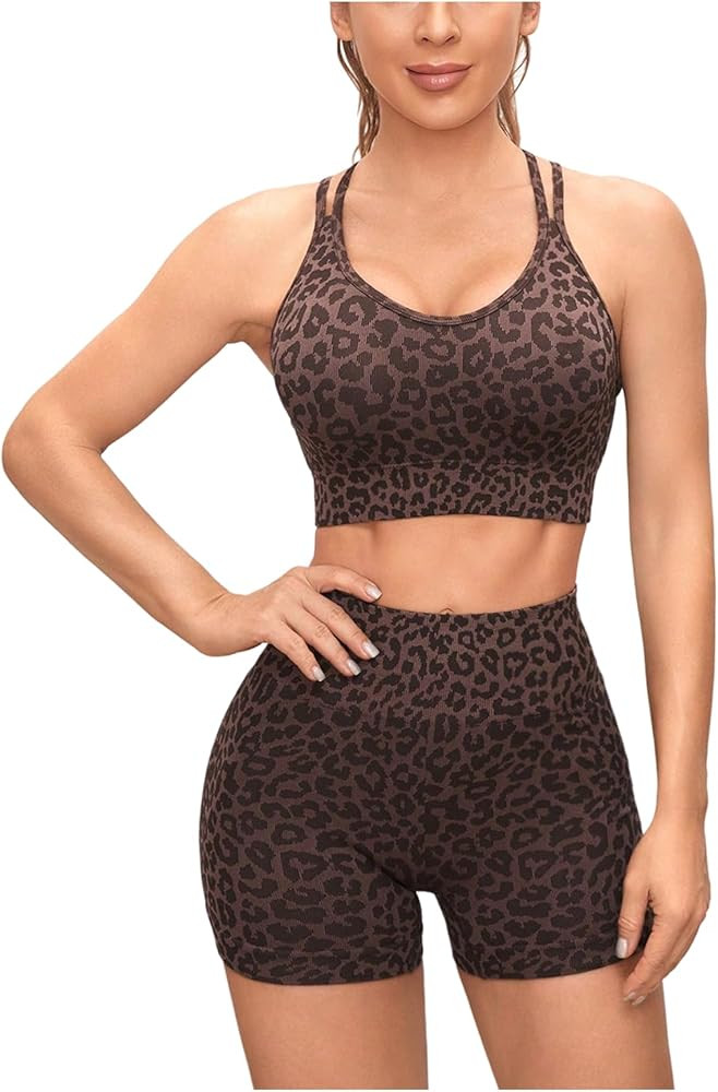 MakeMeChic Women's 2 Piece Tracksuit Cheetah Print Criss Cross Crew Neck Crop Top and Mini Shorts... | Amazon (US)