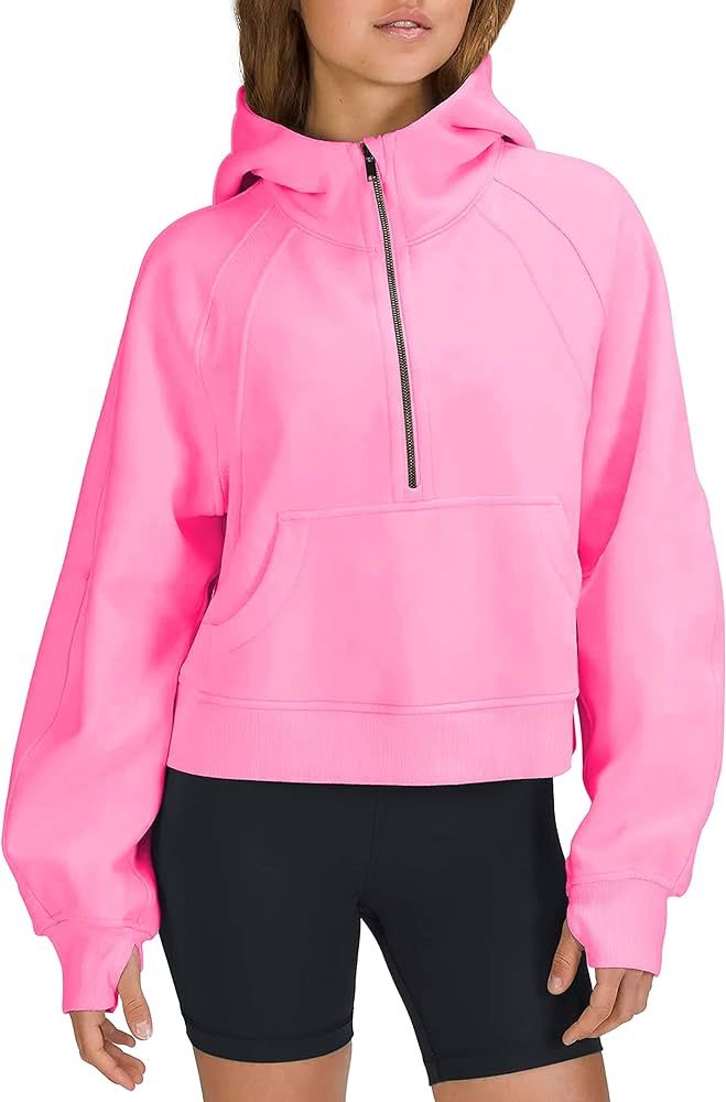 LAMOER Womens Hoodie Pullover Sweatshirts Peachskin Velvet Half-Zip Crop Hooded Fleece Lined Coll... | Amazon (US)
