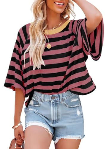 Dokotoo Women's Summer Striped Crop Tops & T-Shirts, Pink, Medium | Amazon (US)