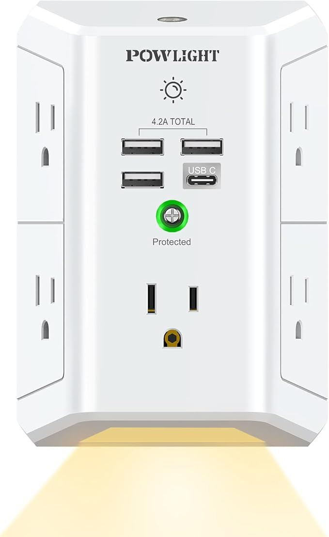 Outlet Extender with Night Light, USB Wall Charger, POWLIGHT 5-Outlet Surge Protector Power Strip... | Amazon (US)