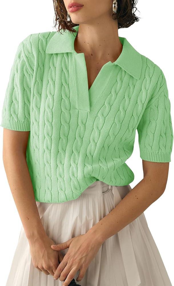 Imily Bela Women's Cable Short Sleeve Sweaters Tops Solid Lapel V Neck Knit Casual Soft Pullover ... | Amazon (US)