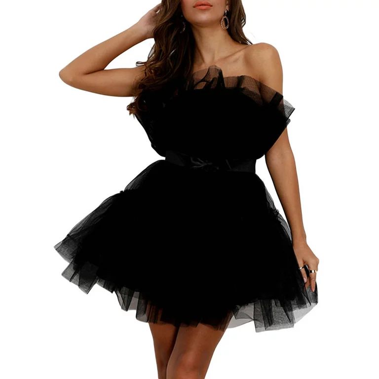 Women Strapless Tulle Mini Dress Off Shoulder Sweet Ruffle Mesh Princess Dress Tulle Layered Cock... | Walmart (US)