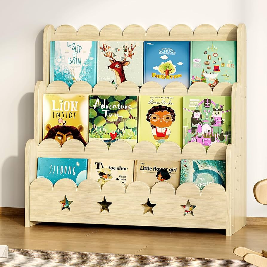 EXPERLAM Scalloped Bookshelf for Kids, 3-Tier Front Facing Book Display Shelf, Solid Wood Montess... | Amazon (US)