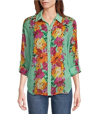 Figueroa Flower Cherry Border Floral Print Floral Border Print Roll-Tab Sleeve Button-Down Blouse - S | Dillard's