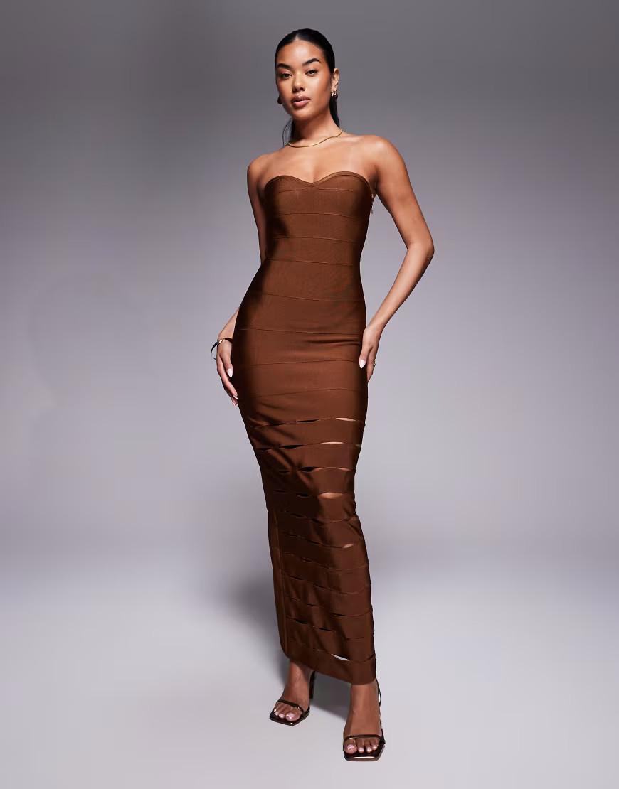 ASOS DESIGN bandage bandeau midi dress with cut-outs in chocolate-Brown | ASOS (Global)