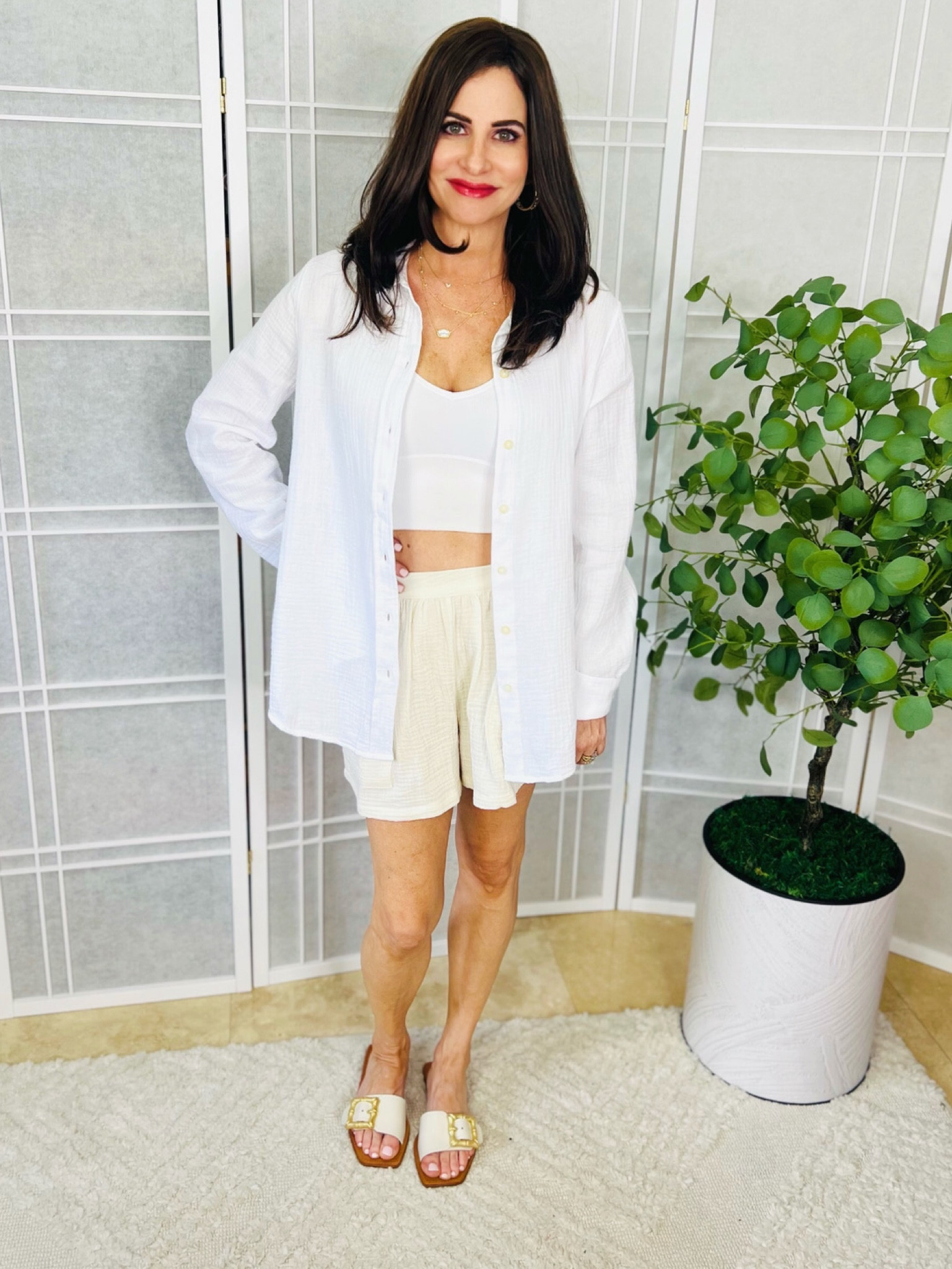 Gauze top and bottom . Perfect for hot weather. 
Top sm 
Bottom xs 
Slides TTS 

#LTKSeasonal #LTKunder50 #LTKstyletip