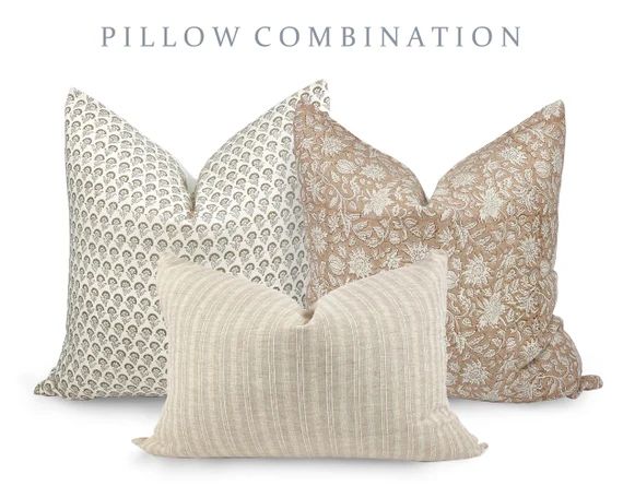 PILLOW COMBO | Warm Neutrals, Floral Pillow, Rust Floral Pillow, Cream Stripe Pillow, Pillow Comb... | Etsy (US)