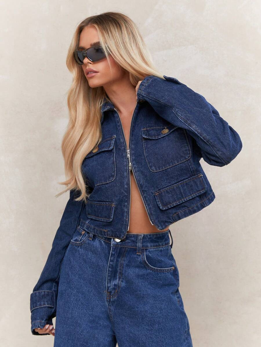 MISSGUIDED Zip Through Cargo Denim Jacket | SHEIN