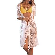 CUPSHE Women's Lace Cardigan Floral Crochet Sheer Bathing Suit Cover Up Kimino | Amazon (US)