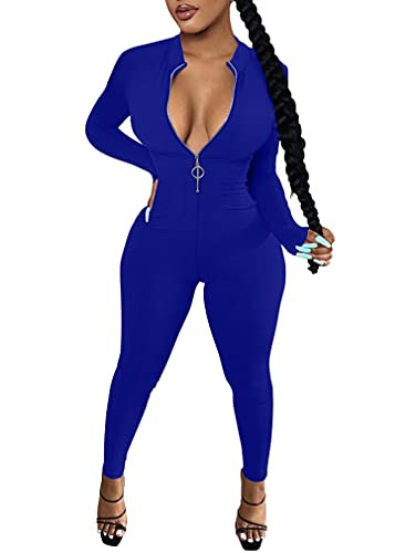 LAGSHIAN Women's Sexy Casual Long Sleeve V Neck Zipper One Piece Bodycon Jumpsuit Royalblue | Amazon (US)