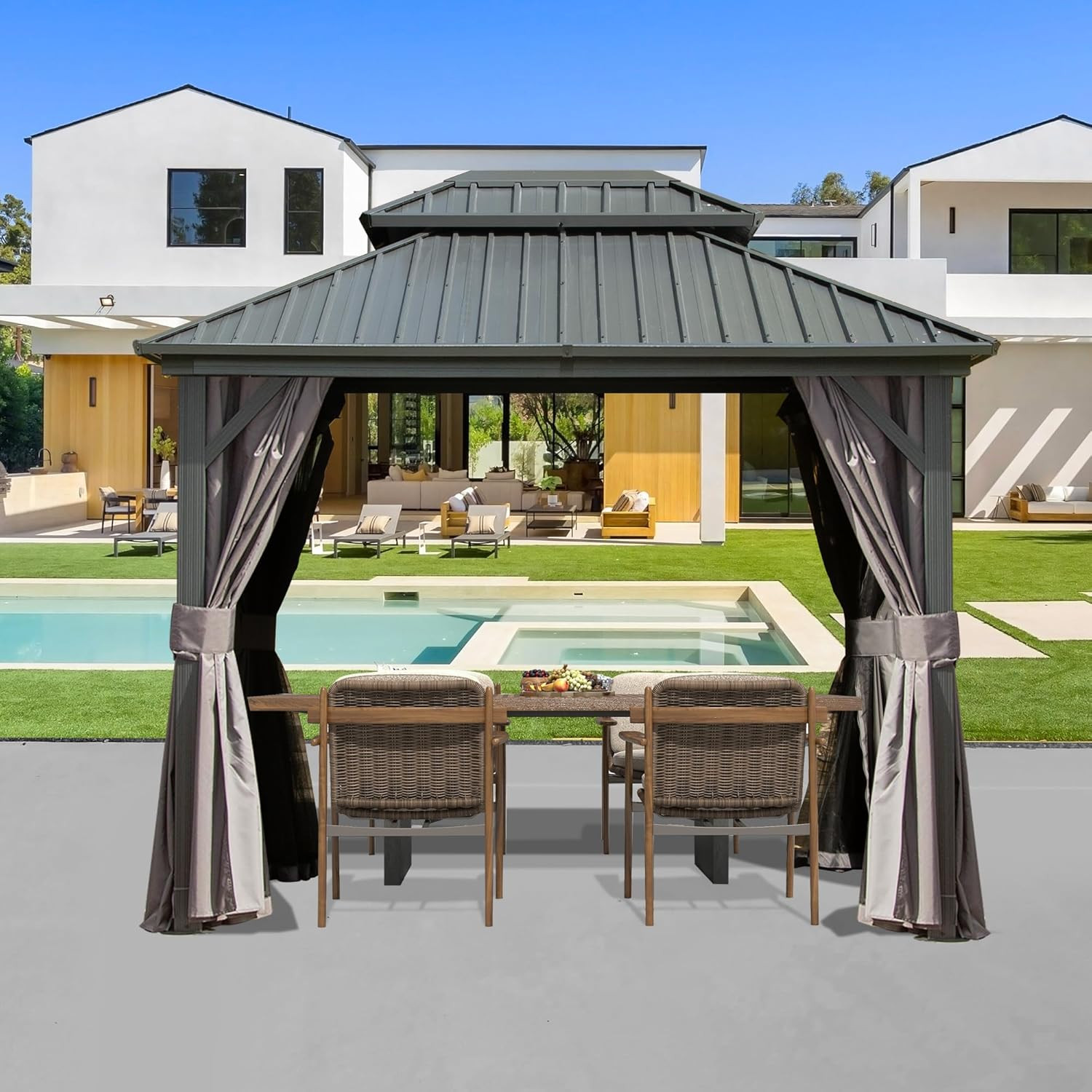 Amazon.com : Domi 8' x 10' Hardtop Gazebo Permanent Metal Gazebo with Galvanized Steel Double Roo... | Amazon (US)