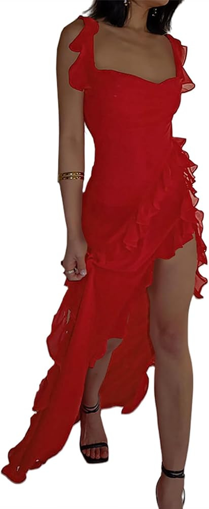Ecirod Womens Spaghetti Strap High Slit Bodycon Maxi Dress Square Neck Backless Party Club Dresse... | Amazon (US)