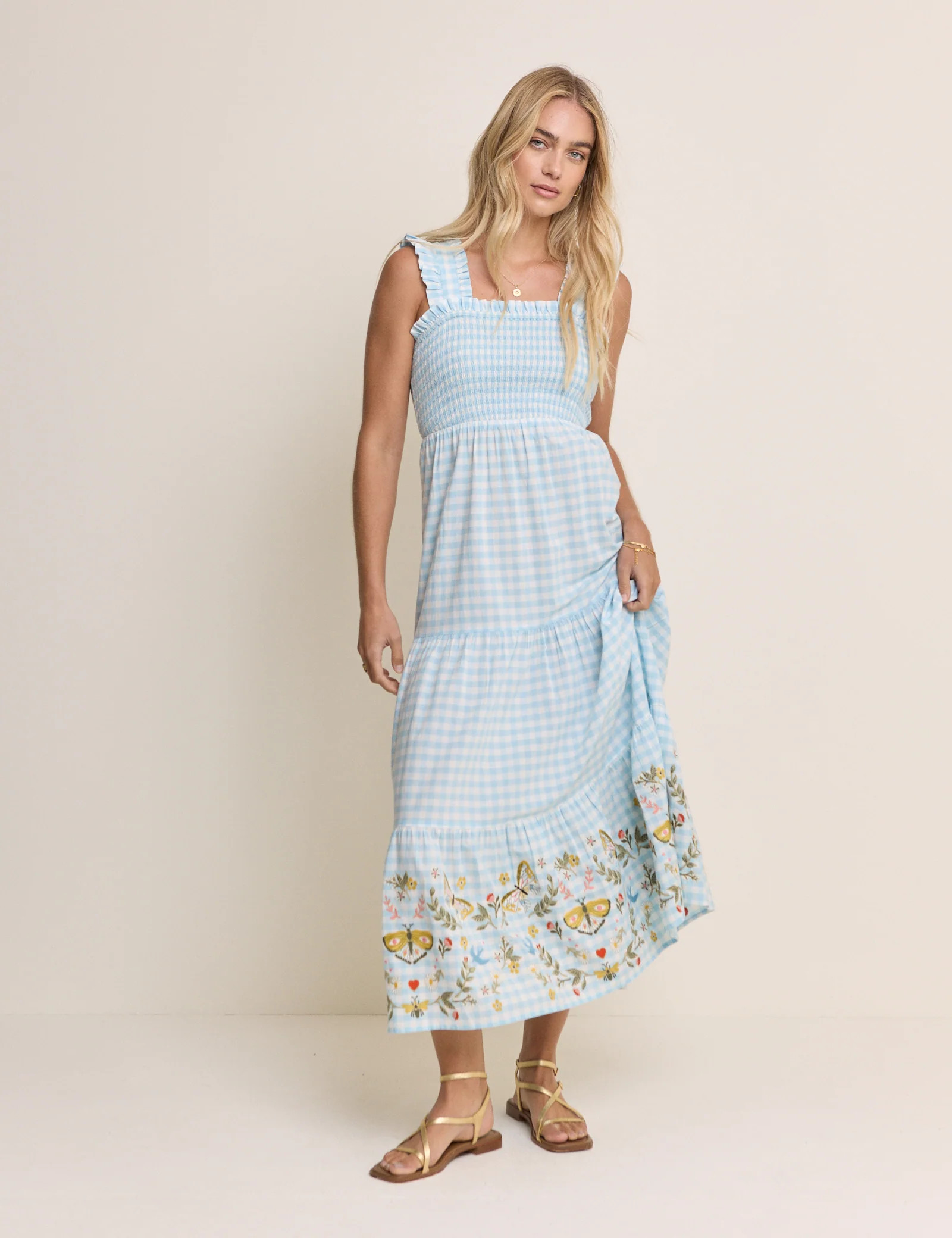 Blue Gingham Embroidered Stacey Midi Dress | Nobody's Child