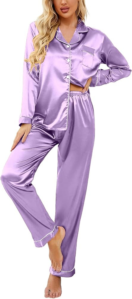 Ekouaer Women's Classic Button Down Long Satin Silk Pajama Set | Amazon (US)