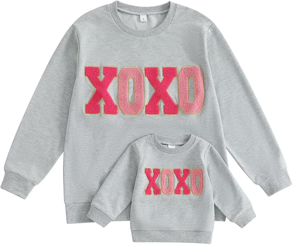 Family Matching Mommy and Me Valentine's Sweatshirt Long Sleeve Crewneck Embroidery Pullover Top | Amazon (US)