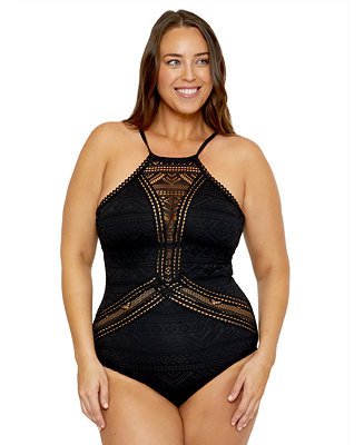 Becca ETC Plus Size Color Play Crocheted High Neck One-Piece Swimsuit - Macy's | Macy's