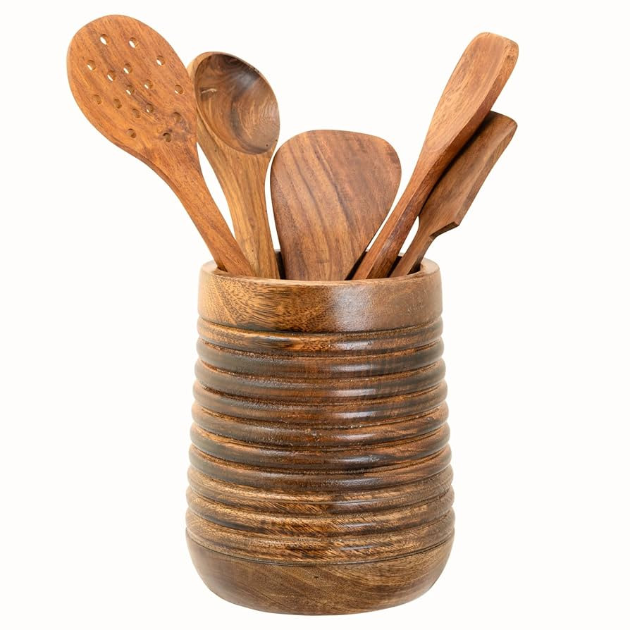 Mie Creations Rustic 7'' Large Utensil Crock Holder for Kitchen Countertop | Wooden Cooking Spatu... | Amazon (US)