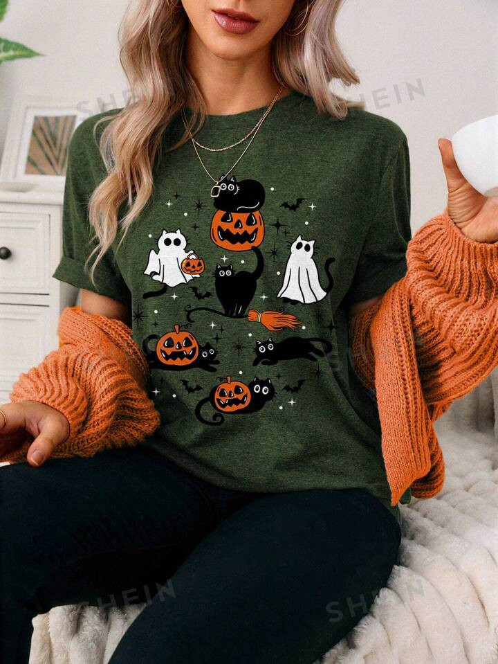 SHEIN LUNE Casual Funny Halloween Pumpkin & Kitten Graphic Round Neck Loose Fit Short Sleeve T-Sh... | SHEIN