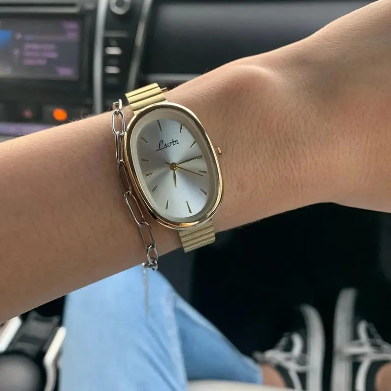 Gold Women's Wrist Watch | Minimalist Oval Stainless Steel Strap - Etsy | Etsy (US)