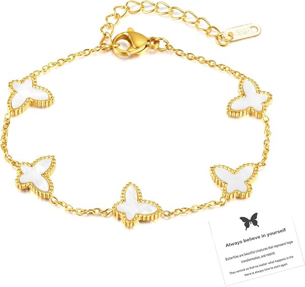 Lucky Butterfly Bracelet Designer Dupes, 18k Gold Plated Minimalism Double-Sided Mother Of Pearl ... | Amazon (US)